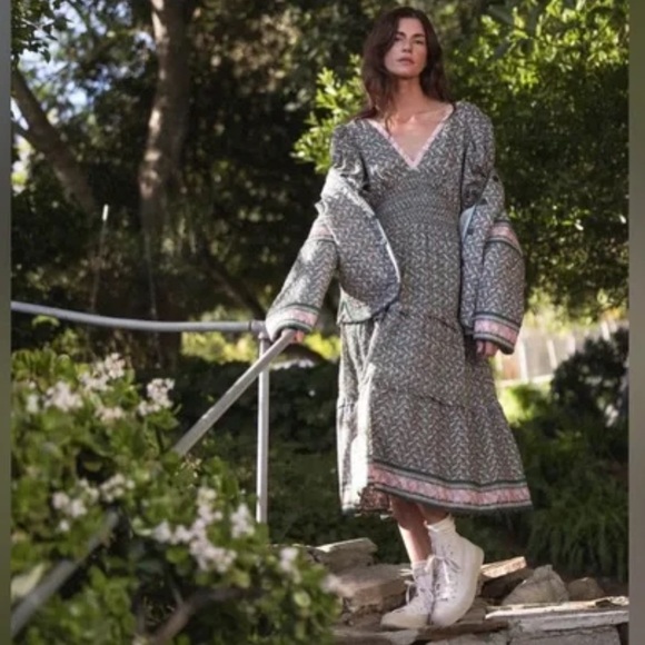 Trovata Nellie Sweet Melba Green Pink Lace Up Floral Midi A Line Dress XS - Picture 2 of 13